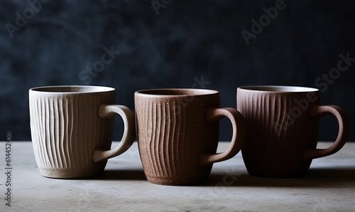  three coffee mugs are lined up on a table with a dark background in the middle of the photo, one of them is brown and the other one is made of brown. generative ai