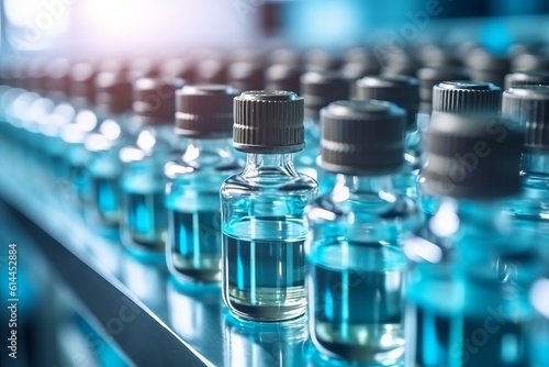 Medical vials on production line at pharmaceutical factory, Pharmaceutical machine, pharmaceutical glass bottles, production line