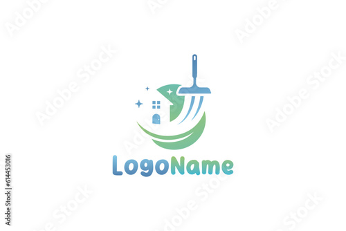 Creative logo design depicting a house with a window whiper and a leaf, designated to the cleaning industry.