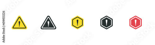 Attention sign icon set.Danger warning icon.Yellow triangle warning sign Flat Icon Solid style.Vector illustration.