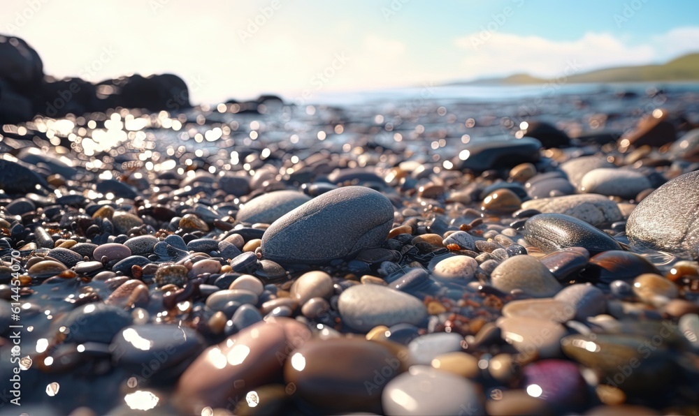 a close up of a bunch of rocks on a beach near the ocean with a sky in the backgrouund and a body of water in the background. generative ai a close up of a bunch of rocks on a beach near the ocean with a sky in the backgrouund and a body of water in the background. generative ai