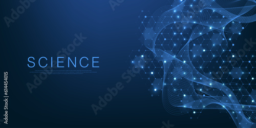 Technology abstract lines and dots connect background with hexagons. Hexagons connection digital data and big data concept. Hex digital data visualization. Vector illustration