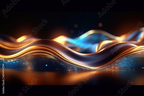 abstract futuristic background with gold blue glowing neon moving high speed wave lines and bokeh lights. Data transfer concept Fantastic wallpaper, Ai Generative