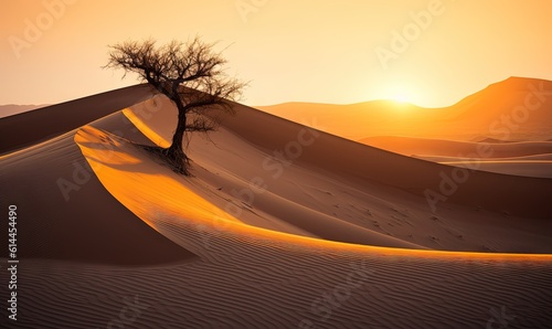  a lone tree in the middle of a desert at sunset or sunrise or sunset in the desert, with sand dunes and hills in the background. generative ai