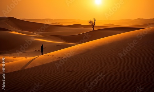  a lone person standing in the middle of a desert at sunset or sunrise or sunset in the desert, with a lone tree in the middle of the desert.  generative ai