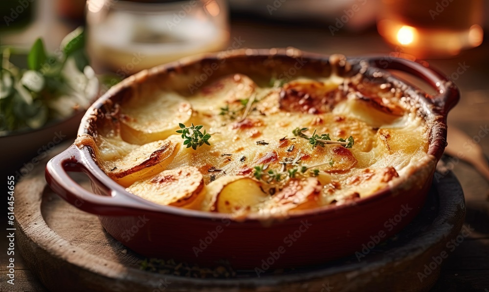 a dish of food sitting on a wooden plate next to a glass of wine and a candle on a table with a candlelight in the background. generative ai a dish of food sitting on a wooden plate next to a glass of wine and a candle on a table with a candlelight in the background. generative ai