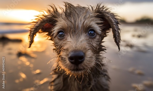  a wet dog standing on top of a wet beach next to the ocean with the sun setting in the distance behind him and the dog is looking at the camera. generative ai