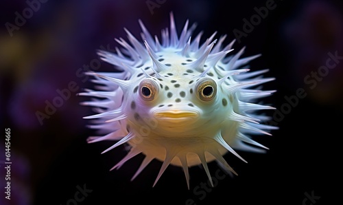  a close up of a puffer fish on a black background with purple and pink algae in the water and a black background behind it. generative ai