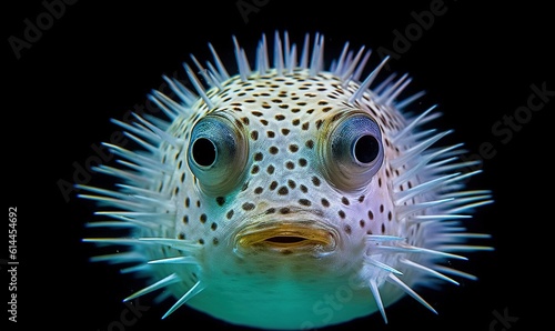  a close up of a puffer fish's face with a black background and a black background with a white background and a black background. generative ai