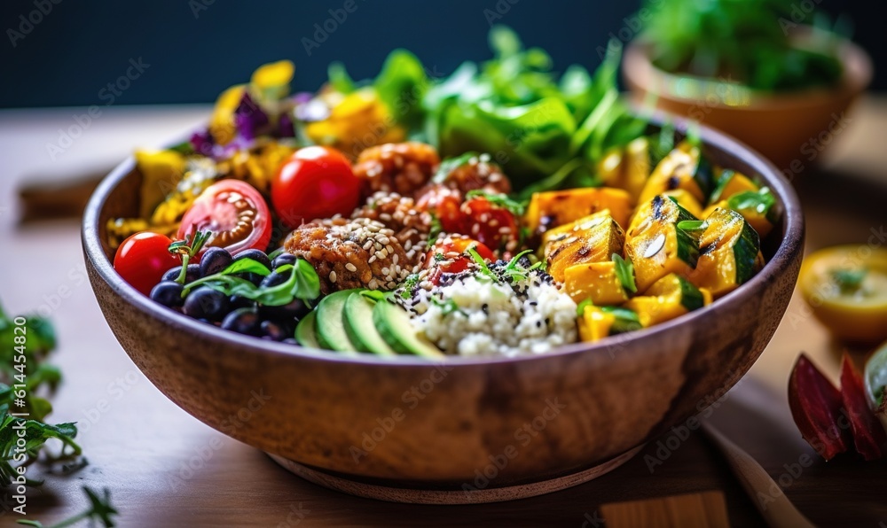 a wooden bowl filled with lots of different types of food on top of a wooden table next to a bowl of vegetables and a knife. generative ai a wooden bowl filled with lots of different types of food on top of a wooden table next to a bowl of vegetables and a knife. generative ai