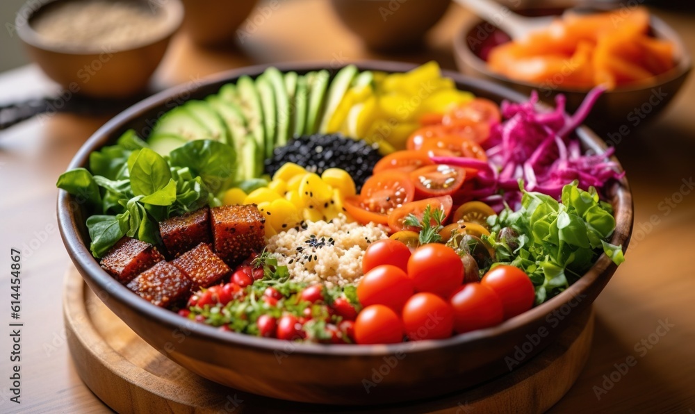  a wooden bowl filled with lots of different types of vegetables on top of a wooden table next to bowls of sauces and seasonings.  generative ai