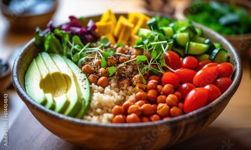  a wooden bowl filled with different types of vegetables and rice with avocado on top of the bowl and other vegetables in the background.  generative ai
