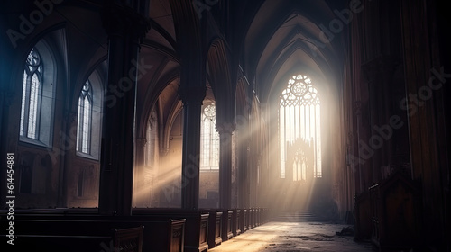 Fotografiet sunlight enters through a window in a church