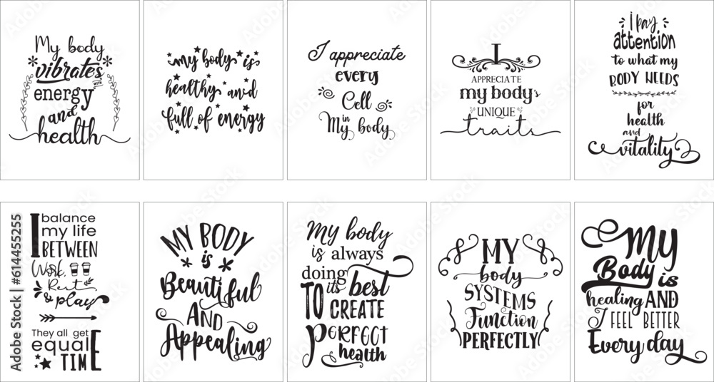 
Set of 10 doodle health affirmation quotes typography poster bundle. Affirmation phrase inspiration quote design for flyer, banner, posting, scrapbooking or journaling.