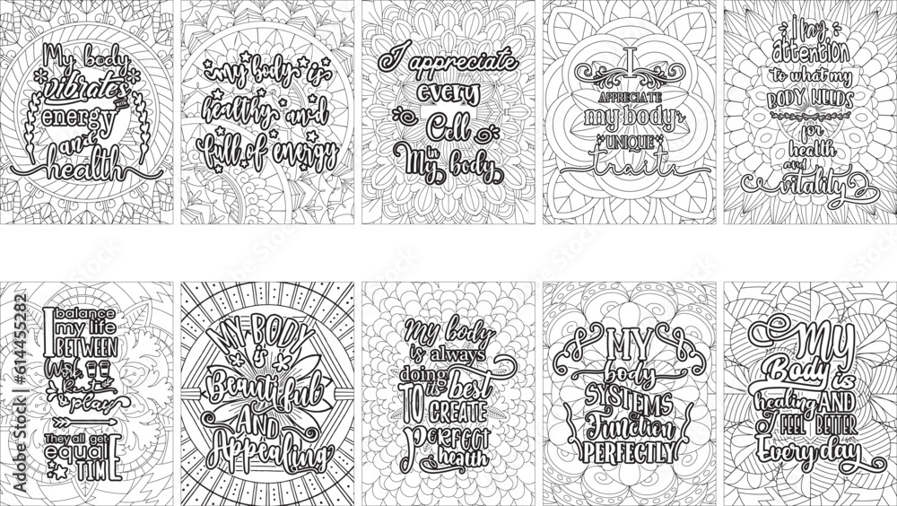 
Set of 10 doodle health affirmation quotes typography poster bundle. Affirmation phrase inspiration quote design for flyer, banner, posting, scrapbooking or journaling.