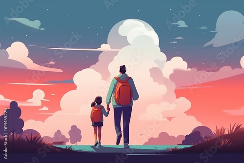 Illustration of a Father walking his daughter to school - created with Generative AI technology