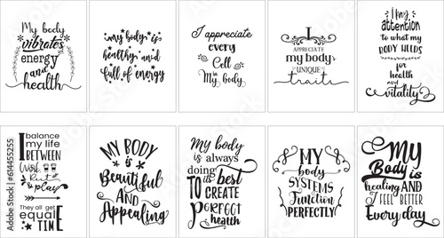 
Set of 10 doodle health affirmation quotes typography poster bundle. Affirmation phrase inspiration quote design for flyer, banner, posting, scrapbooking or journaling.