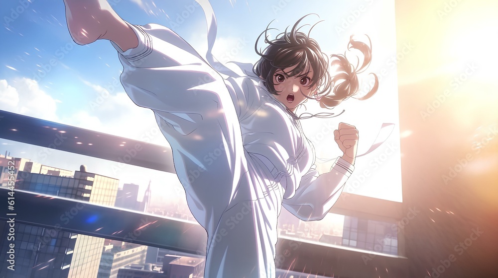 Obraz premium an attractive anime girl character who is passionately engaged in Taekwondo. generative AI
