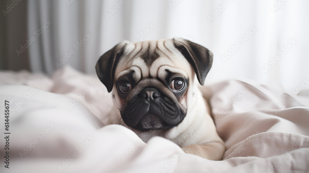 Cute little pug puppy in bed on a bed in a home interior.