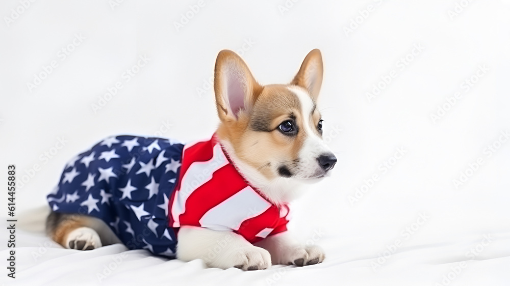 Beautiful patriotic corgi puppy dressed in the American flag, on a white isolated background. banner. celebrating Independence Day, Generative AI Beautiful patriotic corgi puppy dressed in the American flag, on a white isolated background. banner. celebrating Independence Day, Generative AI