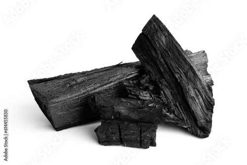 Natural fire ashes with wood charcoal texture isolate on white background. It is a flammable hard rock. Space for text. 