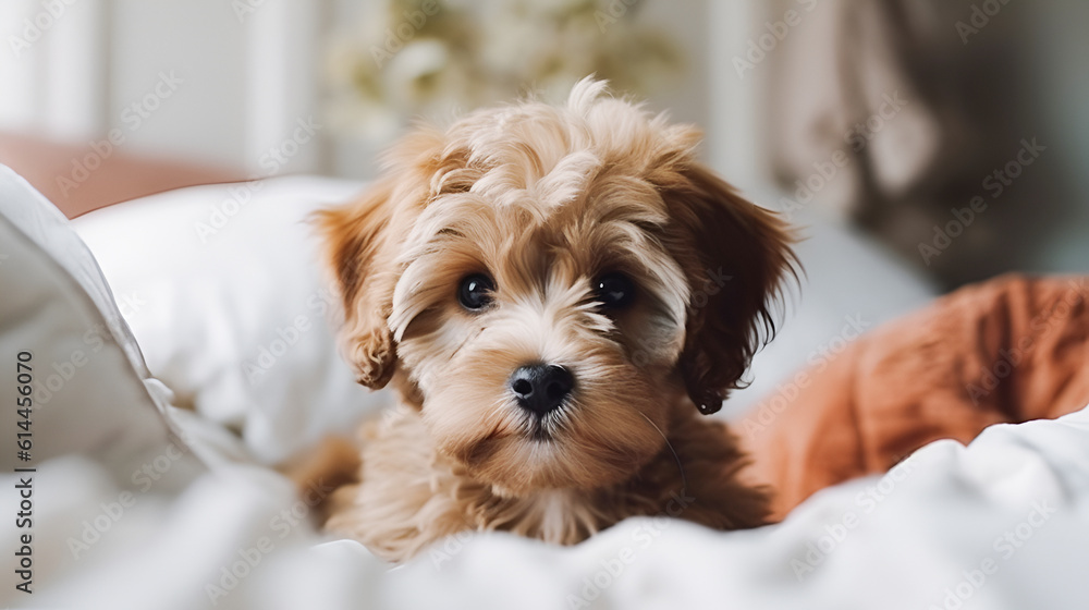 Cute brown maltipoo puppy in bed on a bed in a home interior.