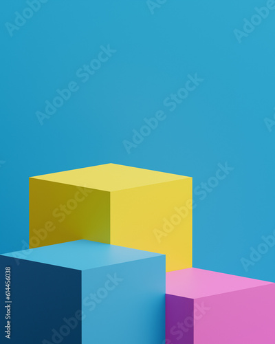 abstract 3D square podium, three layers,colorful yellow, pink, and blue