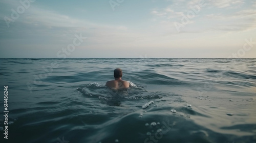 man in the water swims in the open ocean sea  Generative AI