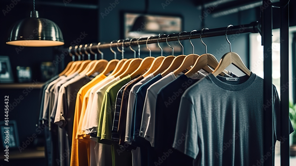 Stylish Clothes Rack with Bright Ceiling Lights and Array of Shirts. created with Generative AI