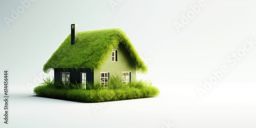Fototapeta Naklejka Na Ścianę i Meble -  Toy model of small country house in green plants with grass roof isolated on white background with copy space for text. Banner template, creative concept of country eco village.Generative AI 3d render