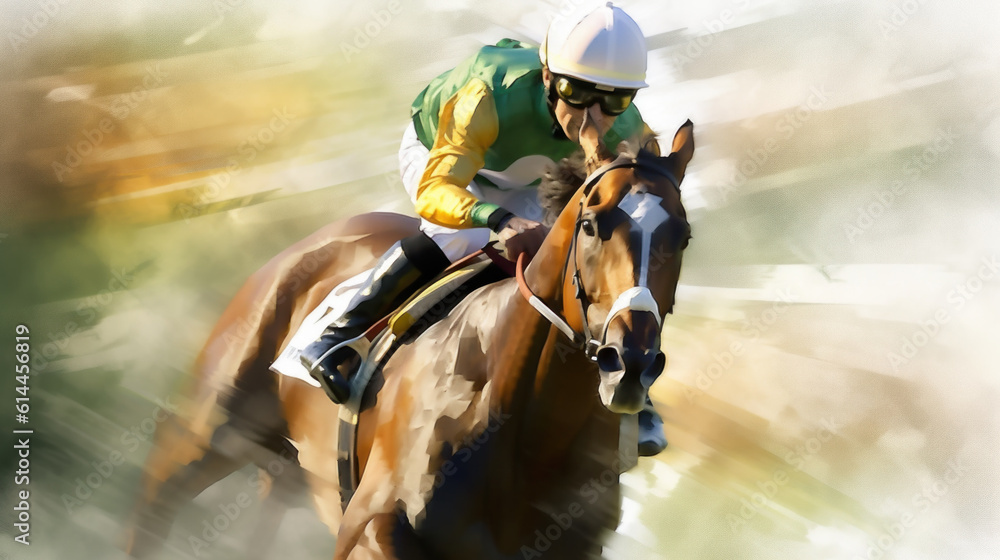 Naklejka premium Abstract Racing horses with jockeys in water color style created with generative AI technology