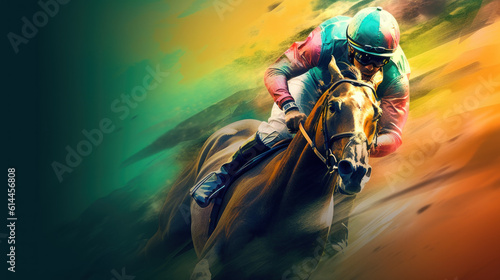 Abstract Racing horses with jockeys in water color style created with generative AI technology