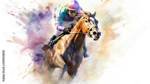 Abstract Racing horses with jockeys in water color style created with generative AI technology