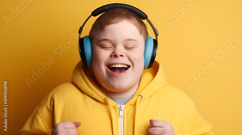 Red-haired teenager boy with Down syndrome in headphones laughs at the camera on a studio on a yellow background with copy space. Generative AI
