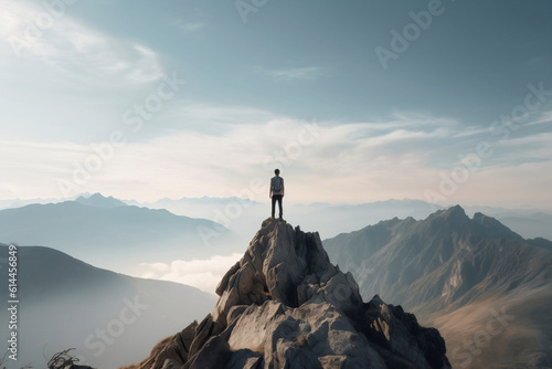 a person standing on top of a mountain with a view of the sky and mountains in the background with a person standing on top of a rock, Generative AI