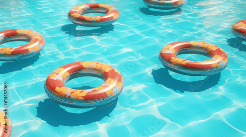 Colorful swimming circles floating in the swimming pool 
