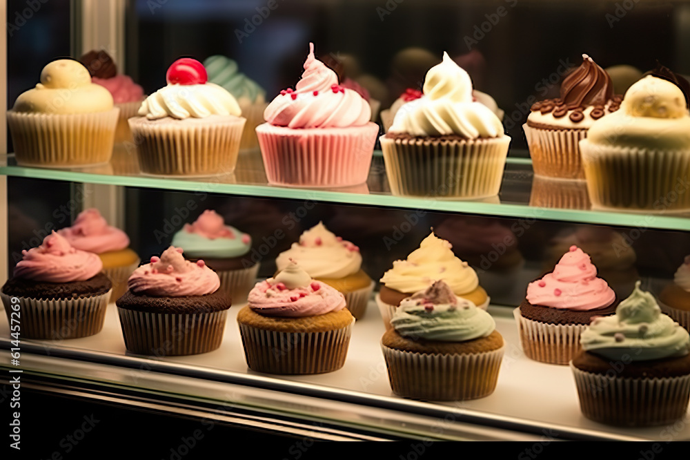 Delicious Delights Tempting Assortment of Cupcakes in a Bakery Window Display. created with Generative AI
