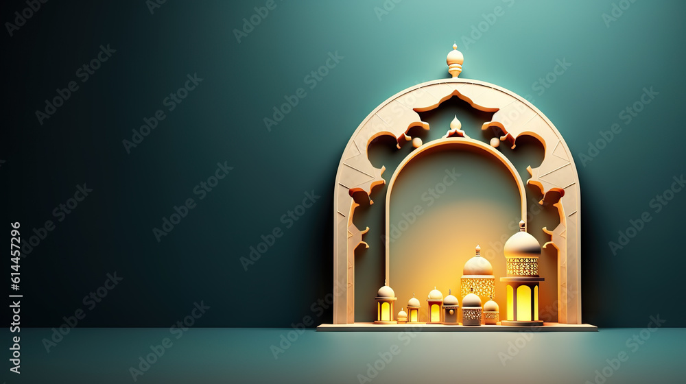 Islamic Elegance Decorative Display Podium with Cartoon-style Lantern and Crescent Background. created with Generative AI