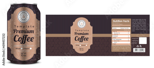 Coffee can label design, roasted coffee drink packaging design, latte espresso cappuccino brown label template illustration, cold coffee drink editable vector file