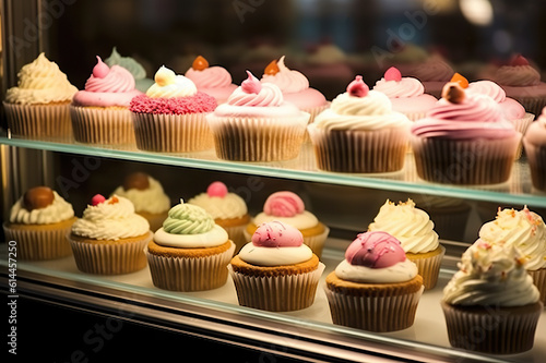 Delicious Delights Tempting Assortment of Cupcakes in a Bakery Window Display. created with Generative AI