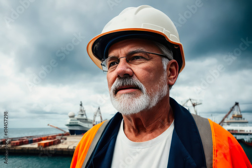 Digital portrait of a senior successful confident professional Dock worker standing in Shipyard. Concept of active age. Generative AI