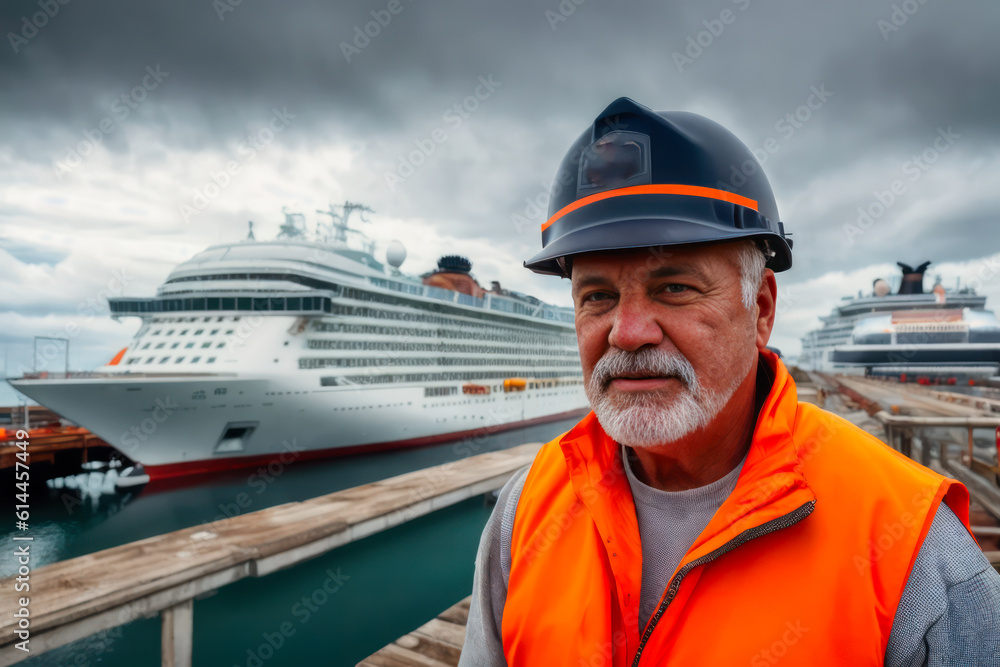 Obraz premium Digital portrait of a senior successful confident professional Dock worker standing in Shipyard. Concept of active age. Generative AI