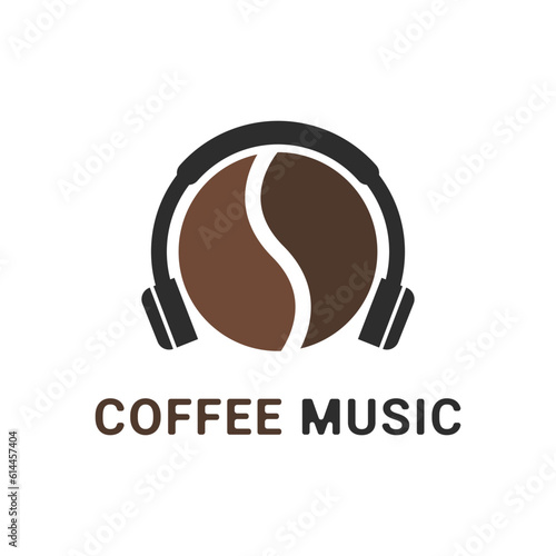 Music coffee logo design idea with coffee beans and headphones concept