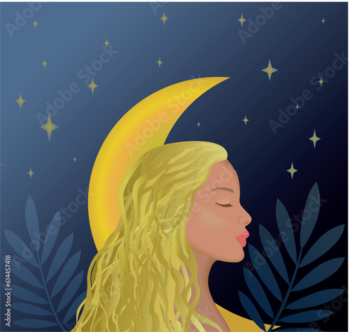 Woman in profile with dark sky with moon and stars. Vector illustration.