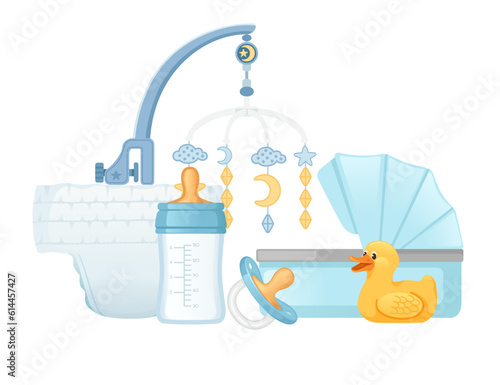 Set of items for baby care carriage milk bottle and toys vector illustration isolated on white background