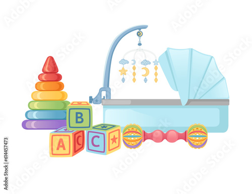 Set of items for baby care carriage and toys vector illustration isolated on white background