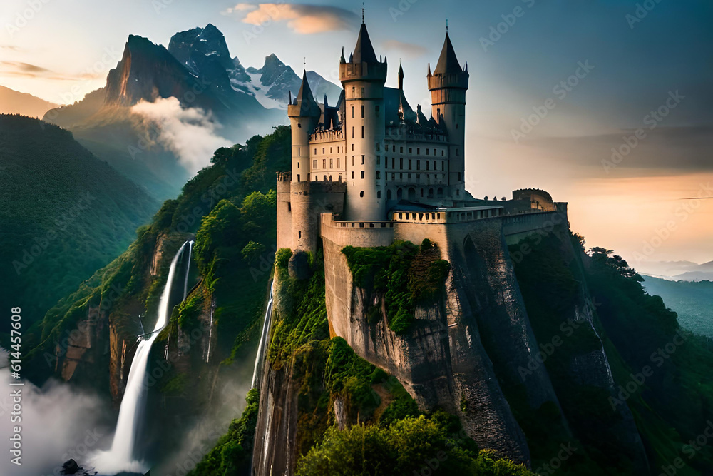 A legendary castle perched atop a rugged mountain peak, surrounded by swirling mist and thunderous waterfalls A legendary castle perched atop a rugged mountain peak, surrounded by swirling mist and thunderous waterfalls