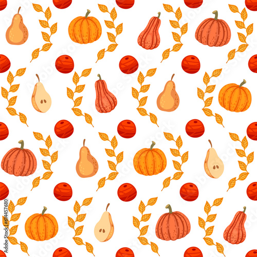 Autumn theme seamless pattern with pumpkin pear and leaves vector illustration photo