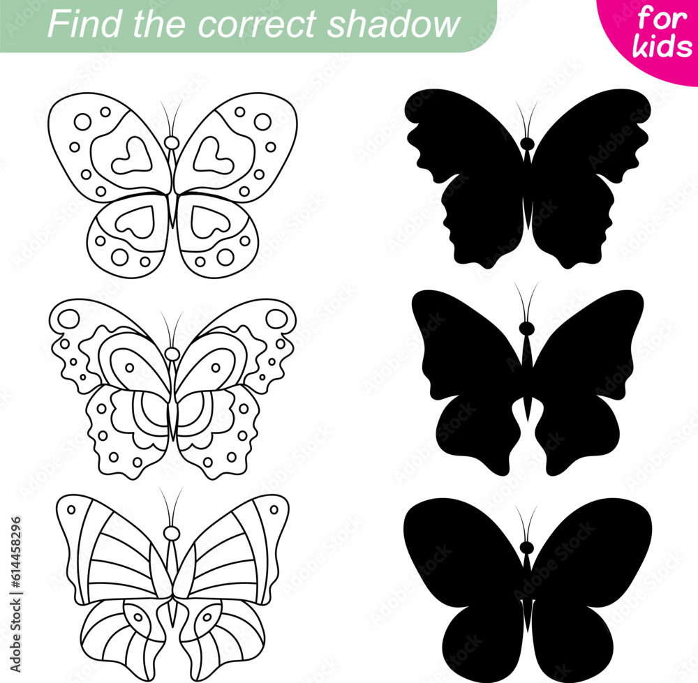 Fototapeta premium Find the correct shadow. Butterfly collection. Three summer butterflies. Educational game