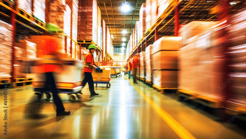 Obraz premium Logistics business warehouse, shipment and loading concept. workers in reflective vests blurred with movement. Staff in a warehouse move between storage racks, motion blur background